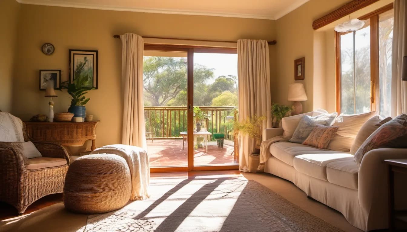 A sunlit living room with doors open onto a garden
