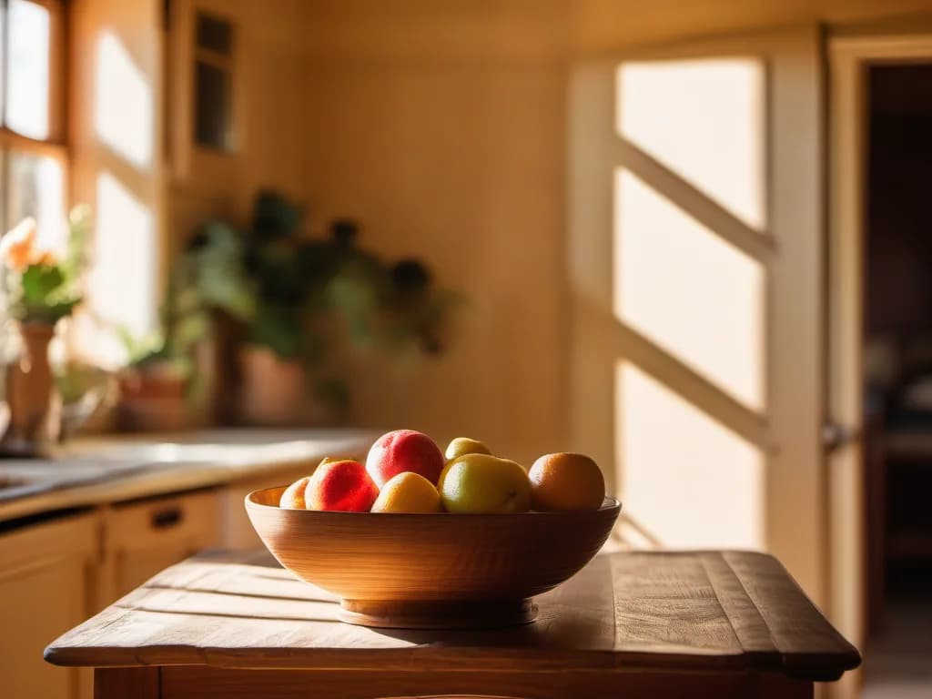 A wooden kitchen table in morning light