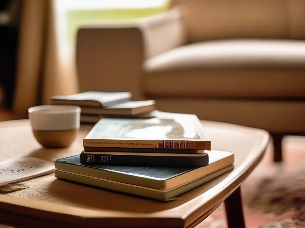 A tidy lounge with books stacked on a low table